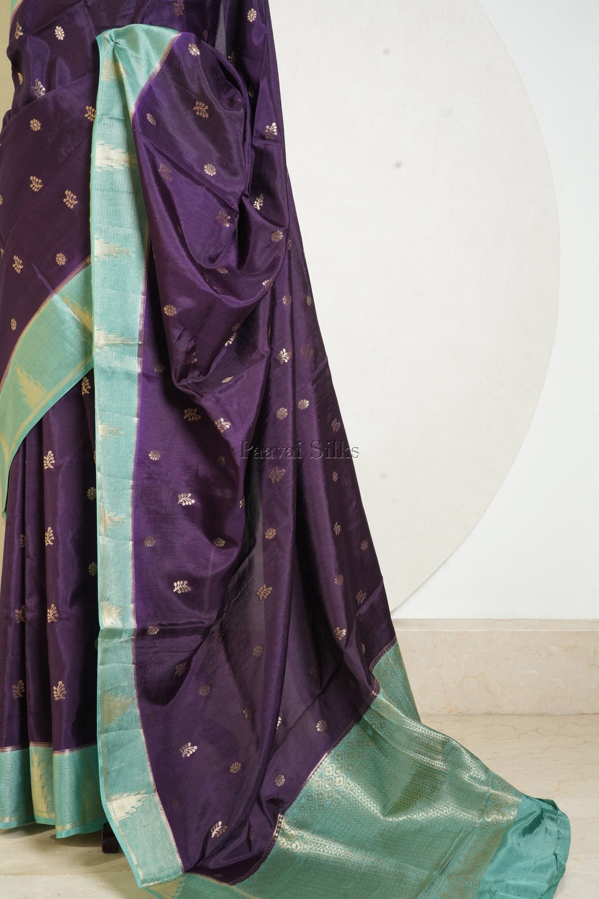 Deep Purple Semi Soft Silk Saree with Aqua Blue Contrast Zari Border