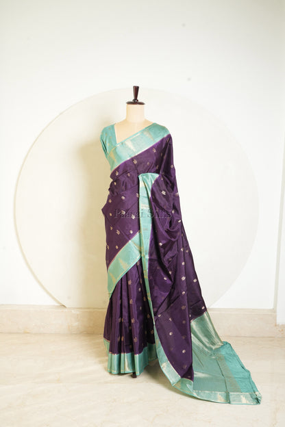 Deep Purple Semi Soft Silk Saree with Aqua Blue Contrast Zari Border