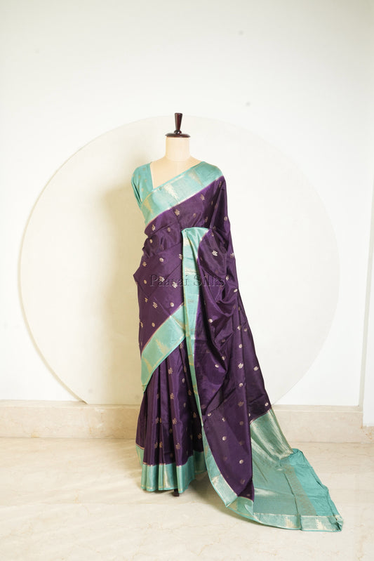 Deep Purple Semi Soft Silk Saree with Aqua Blue Contrast Zari Border