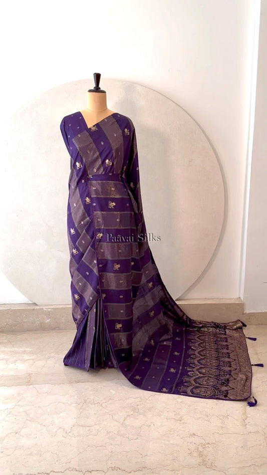 Deep Purple Semi Soft Silk Saree with Bird Zari Motifs
