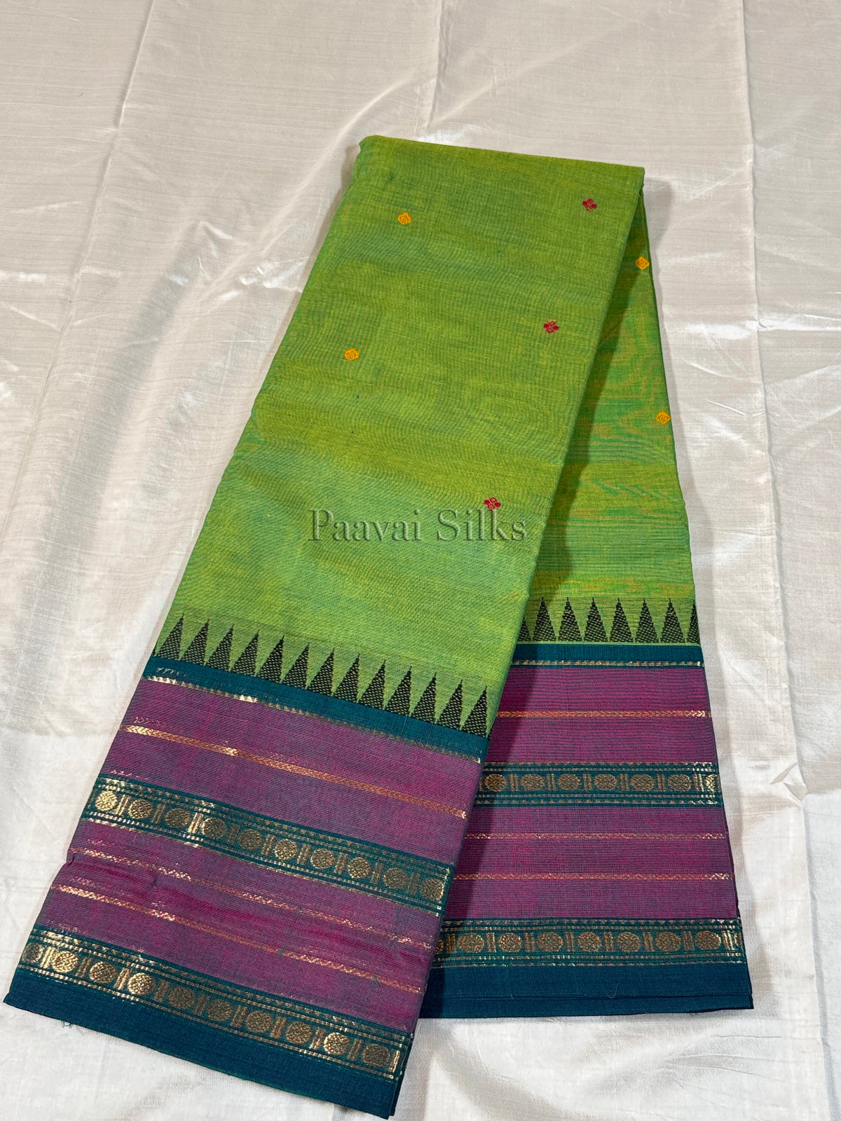 Parrot Green Saree with Mauve & Peacock Green Zari Border