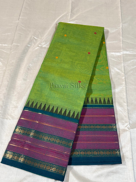 Parrot Green Saree with Mauve & Peacock Green Zari Border