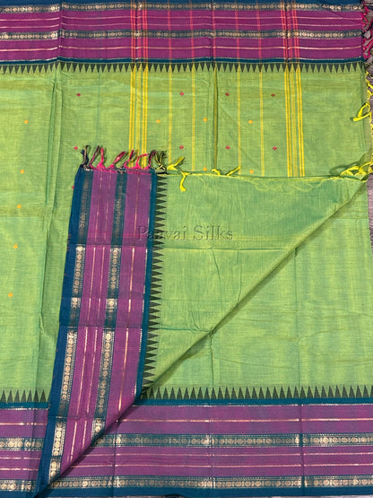 Parrot Green Saree with Mauve & Peacock Green Zari Border