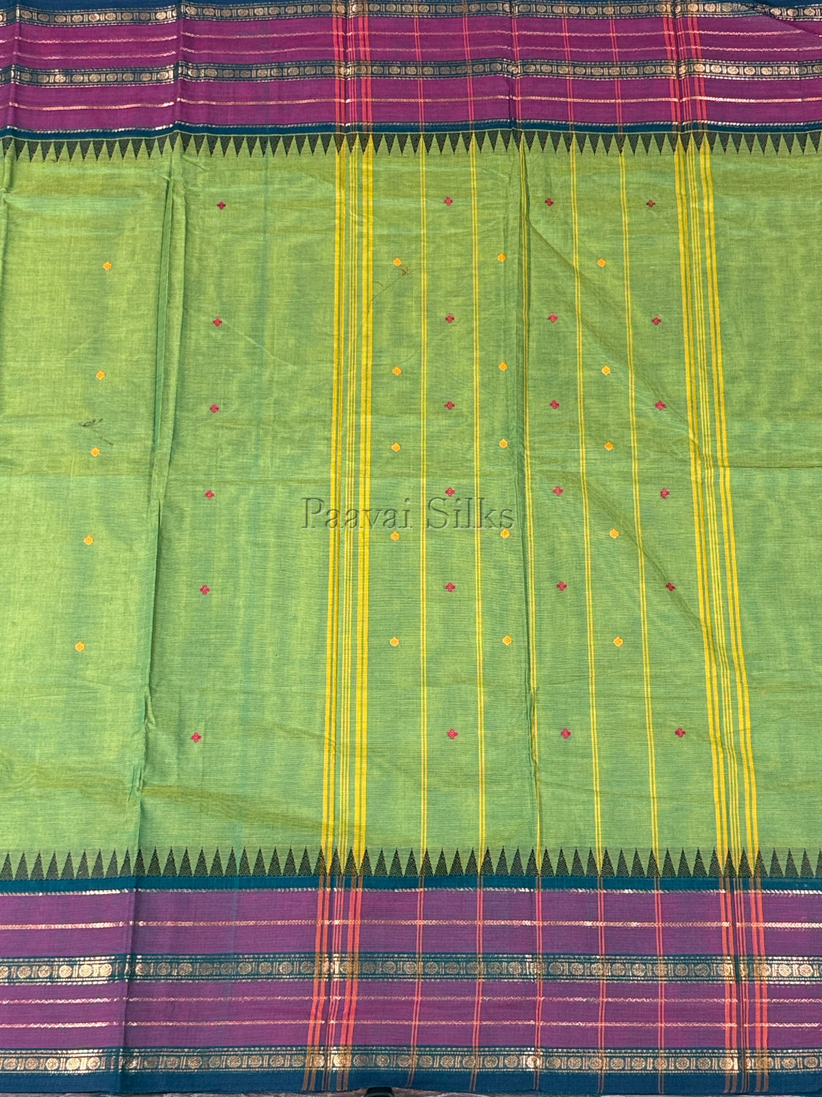 Parrot Green Saree with Mauve & Peacock Green Zari Border