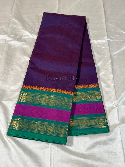 urple Saree with Peacock Green & Magenta Zari Border