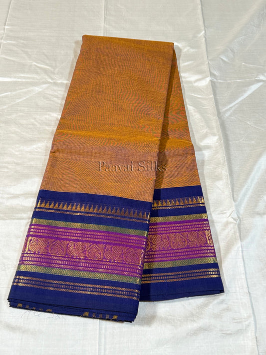 Orangish brown Saree with Royal Blue & Magenta Zari Border