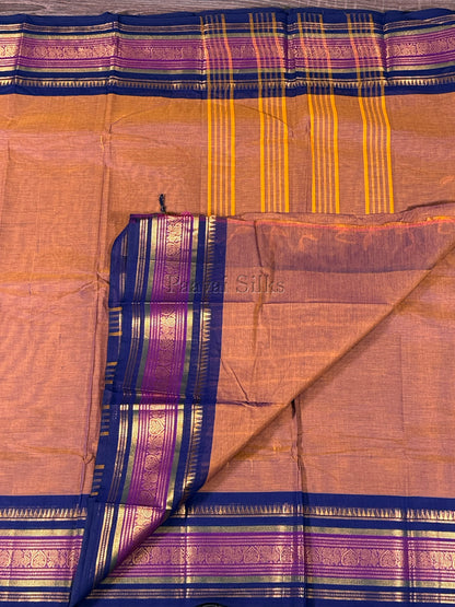 Orangish brown Saree with Royal Blue & Magenta Zari Border