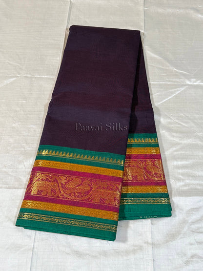 Deep Aubergine Saree with Green & Magenta Zari Border