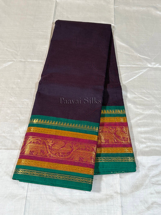 Deep Aubergine Saree with Green & Magenta Zari Border