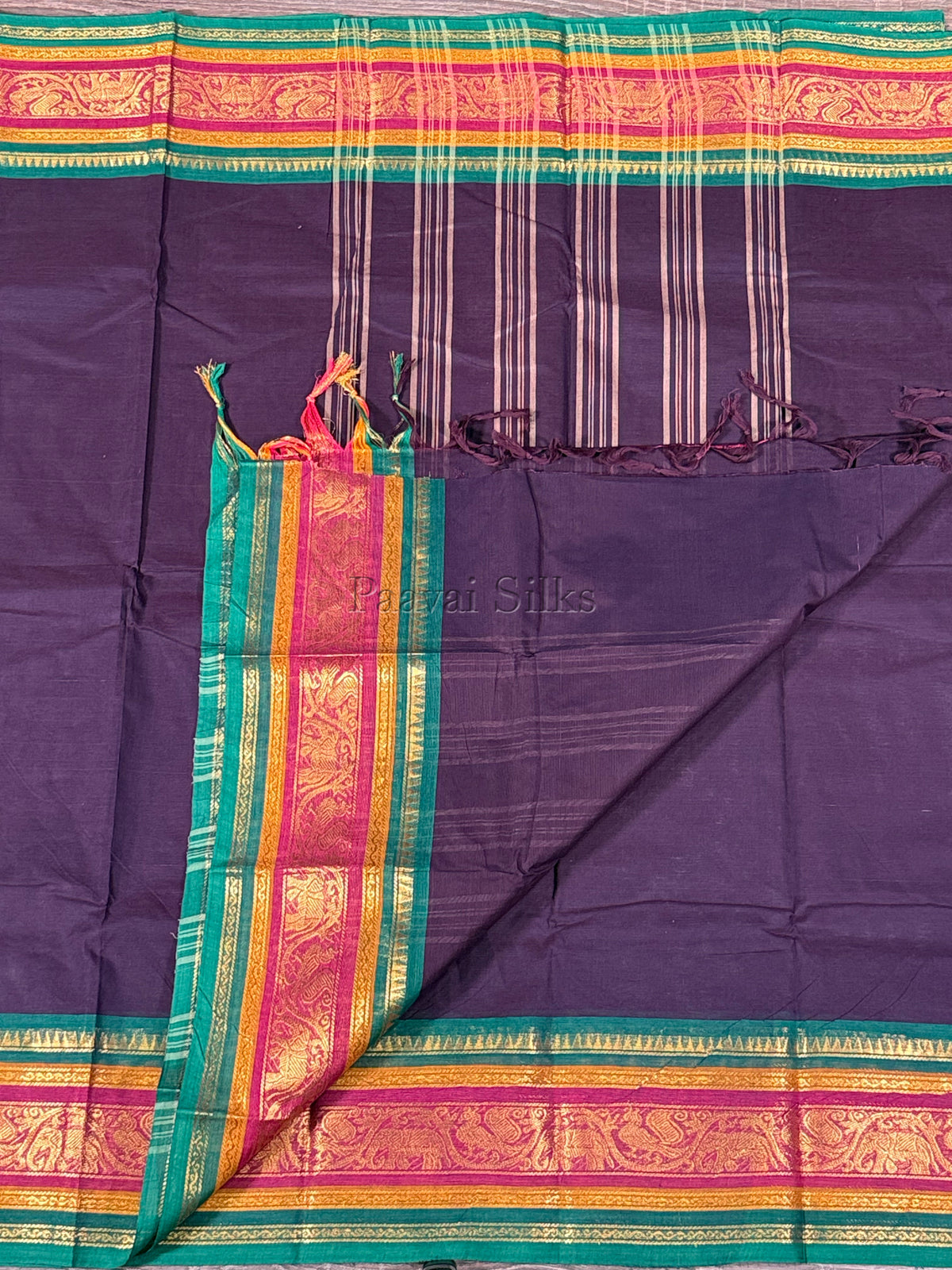 Deep Aubergine Saree with Green & Magenta Zari Border