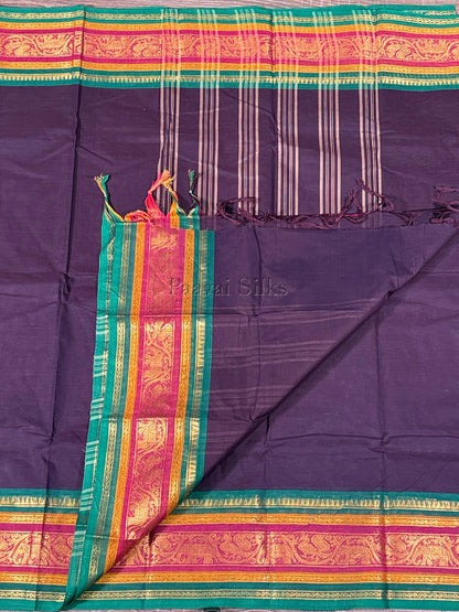 Deep Aubergine Saree with Green & Magenta Zari Border