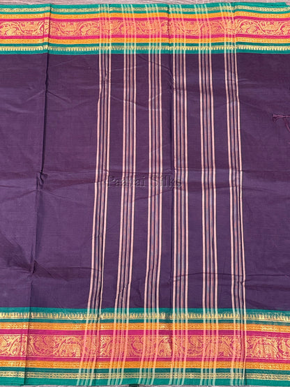 Deep Aubergine Saree with Green & Magenta Zari Border