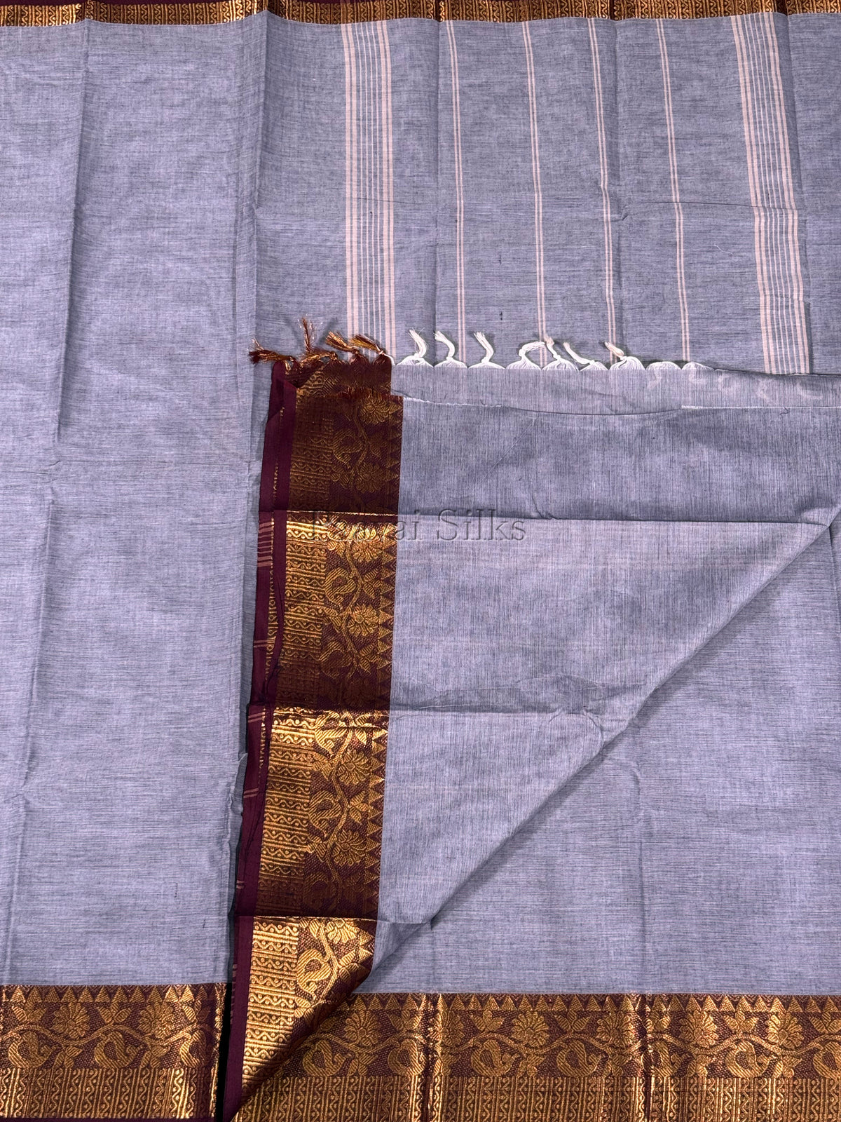 Moon Grey Saree with Maroon Floral Zari Border