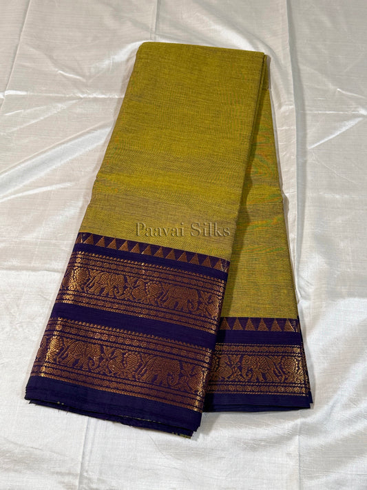 Mustard Green Saree with Deep Blue Zari Border