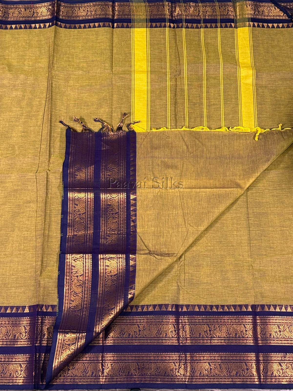 Mustard Green Saree with Deep Blue Zari Border