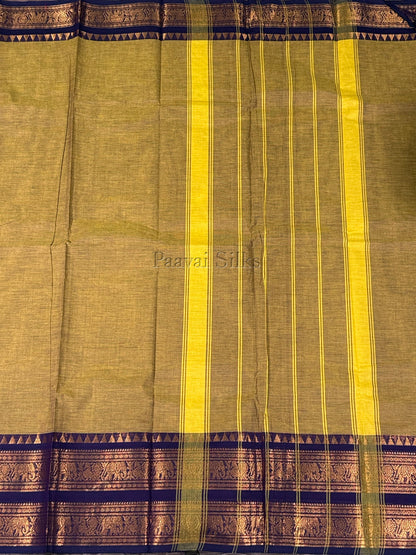 Mustard Green Saree with Deep Blue Zari Border
