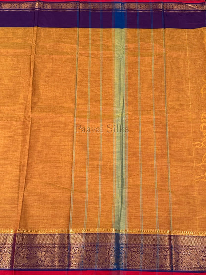 Mustard Gold Pure Kanchi Cotton Saree with Deep Purple Peacock Zari Border
