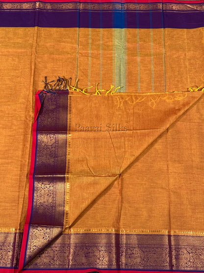 Mustard Gold Pure Kanchi Cotton Saree with Deep Purple Peacock Zari Border
