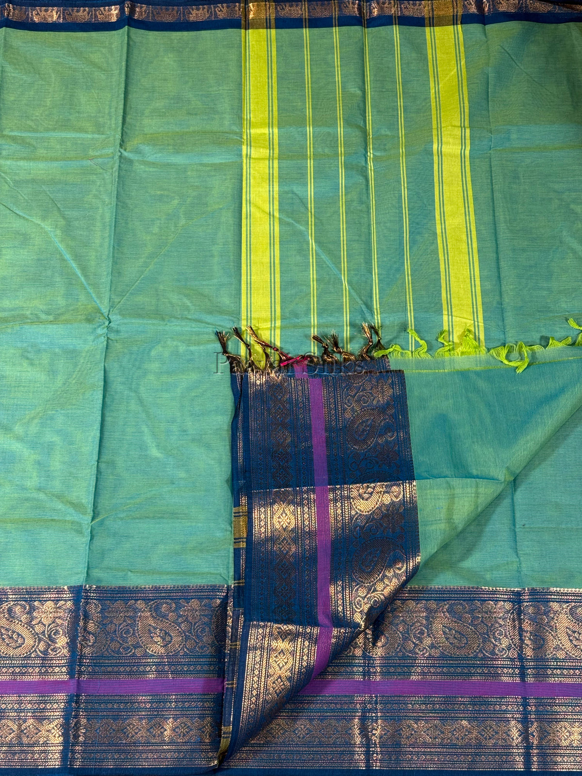 Green Saree with peacock green Zari Border