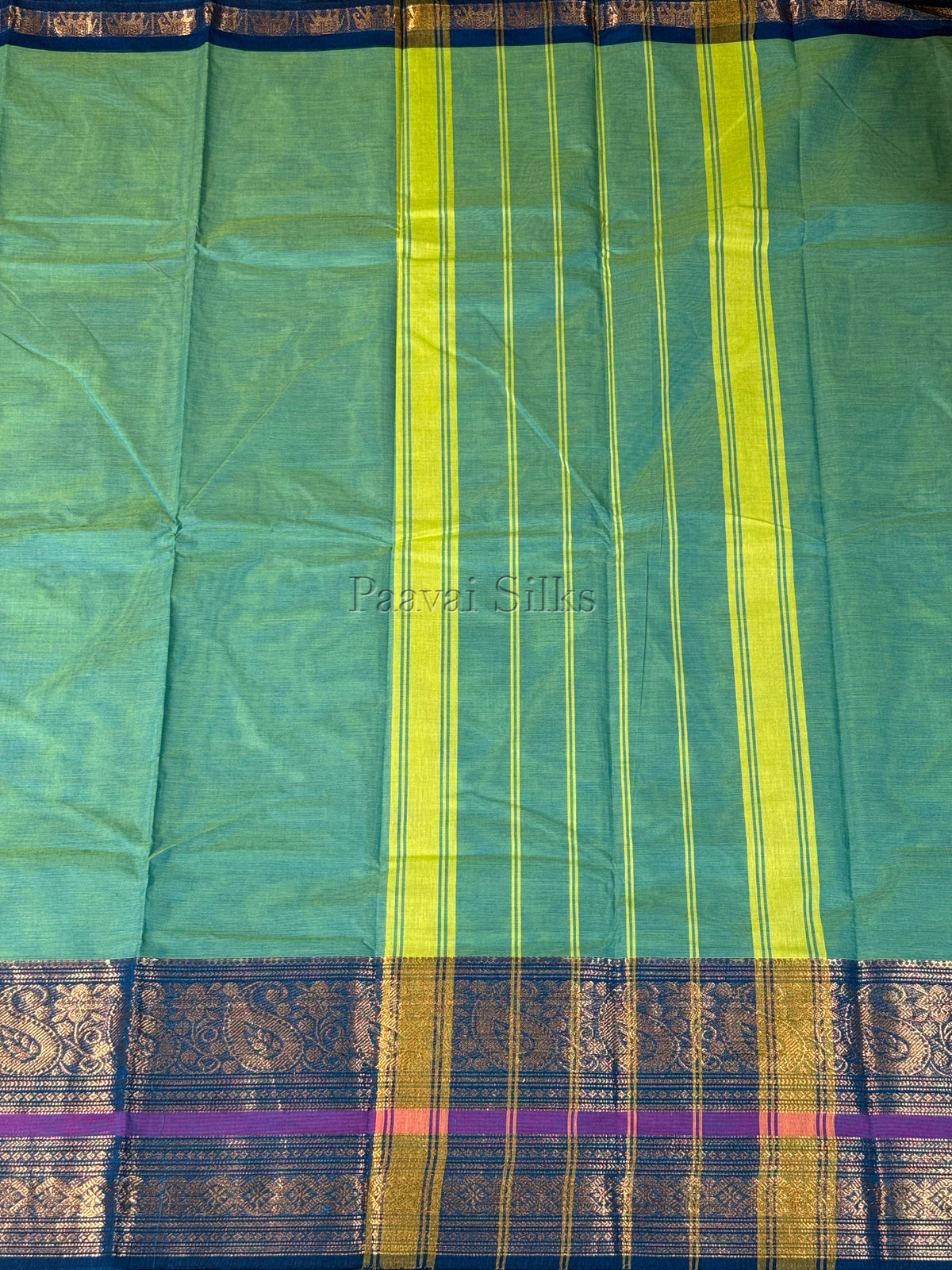 Green Saree with peacock green Zari Border