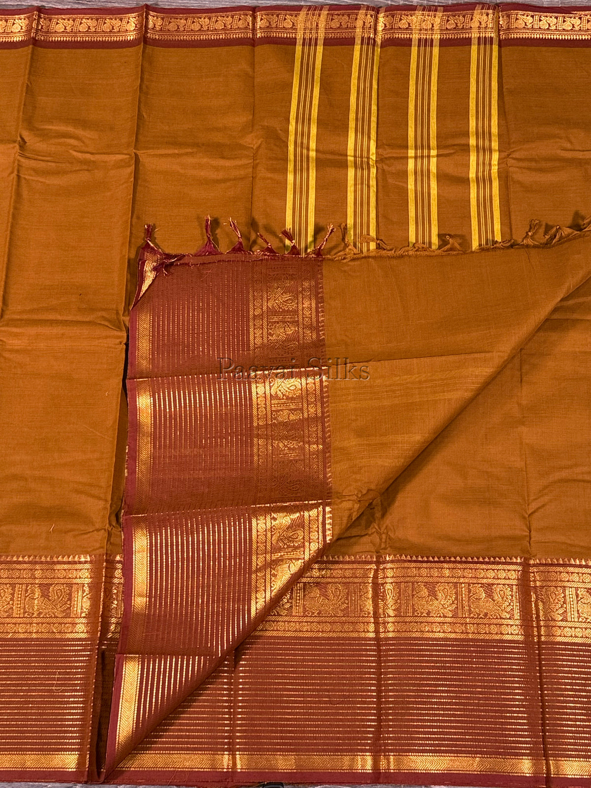 Mustard Brown Saree with Rust Brown Peacock Zari Border