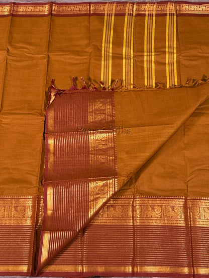Mustard Brown Saree with Rust Brown Peacock Zari Border
