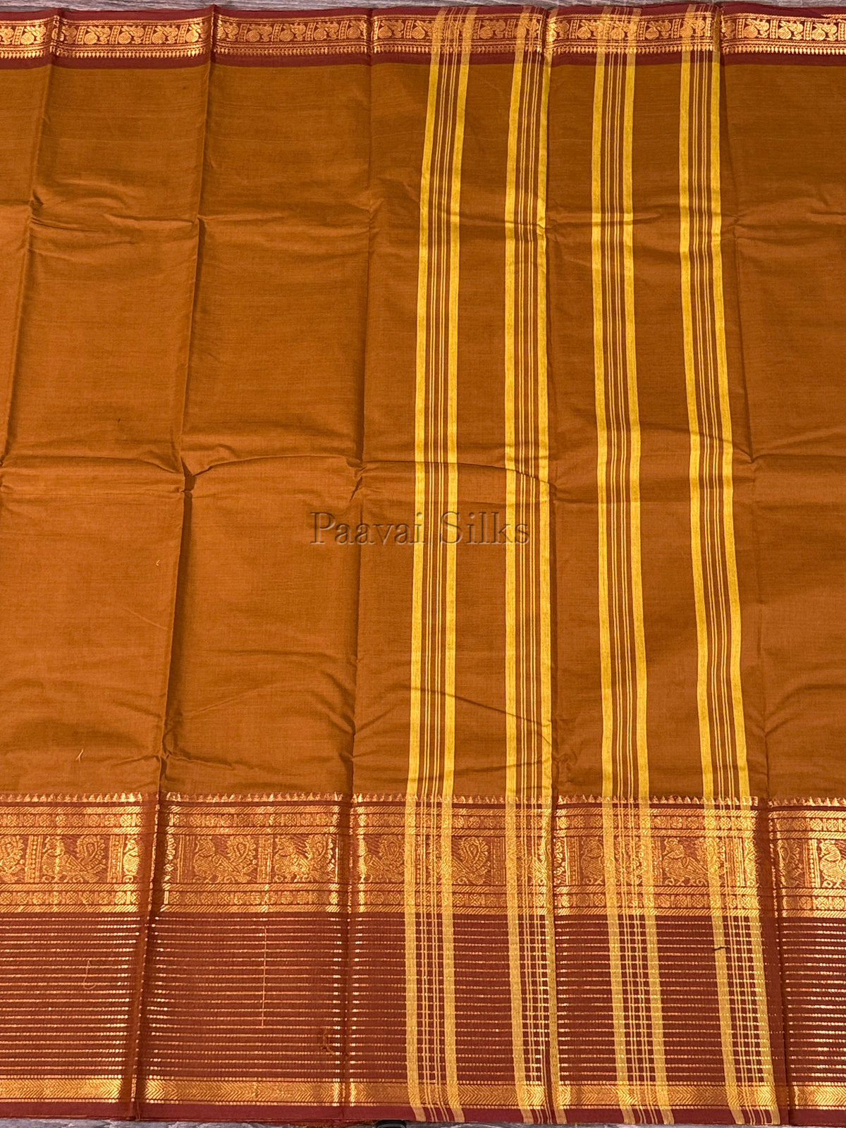 Mustard Brown Saree with Rust Brown Peacock Zari Border