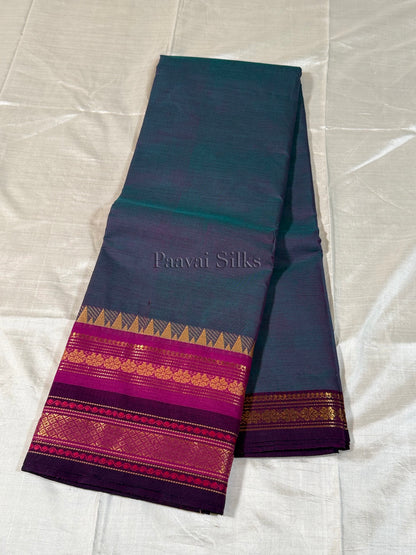 Dual shade peacock blue Saree with Rani Pink & Purple Zari Border