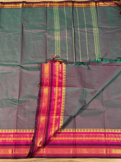 Dual shade peacock blue Saree with Rani Pink & Purple Zari Border