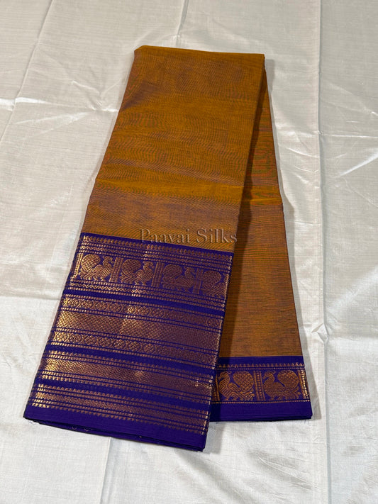 Brown Saree with violet Peacock Zari Border