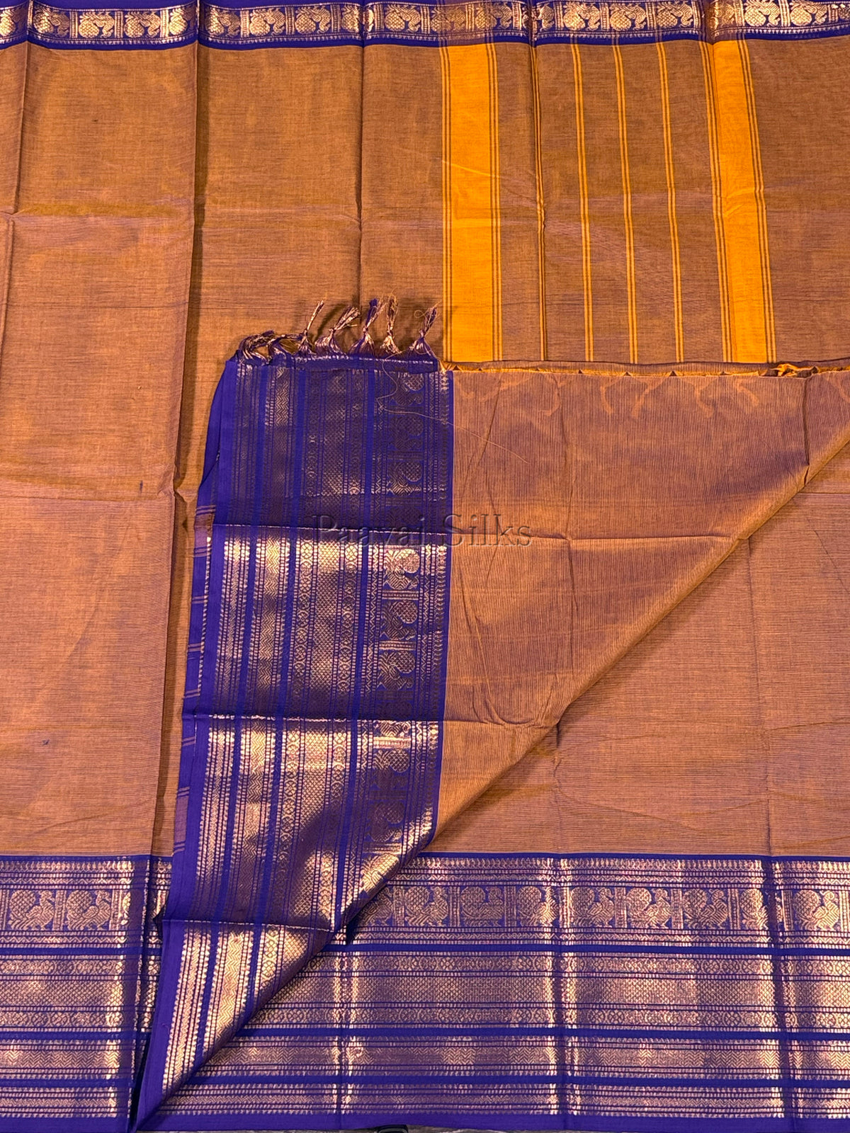 Brown Saree with violet Peacock Zari Border