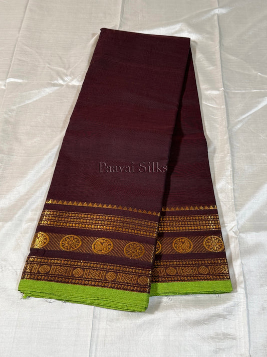 Deep Brown Saree with Gold Zari Border & Lime Green Edge