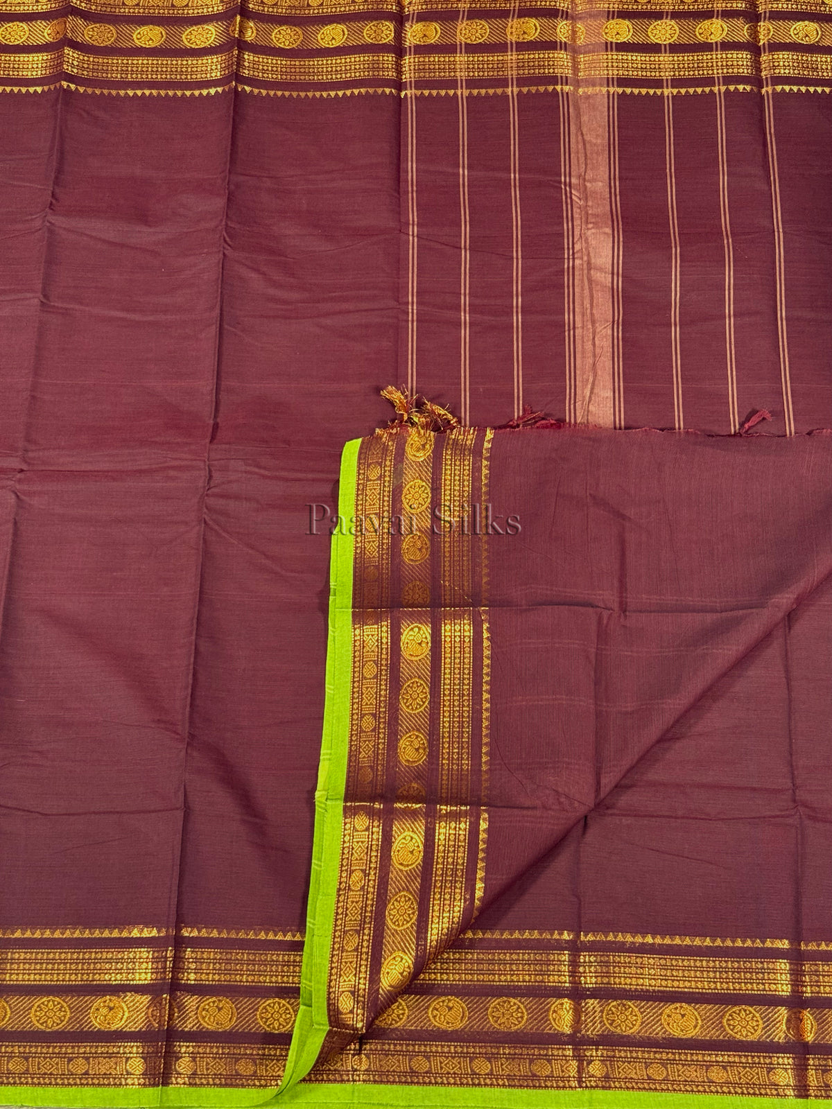 Deep Brown Saree with Gold Zari Border & Lime Green Edge