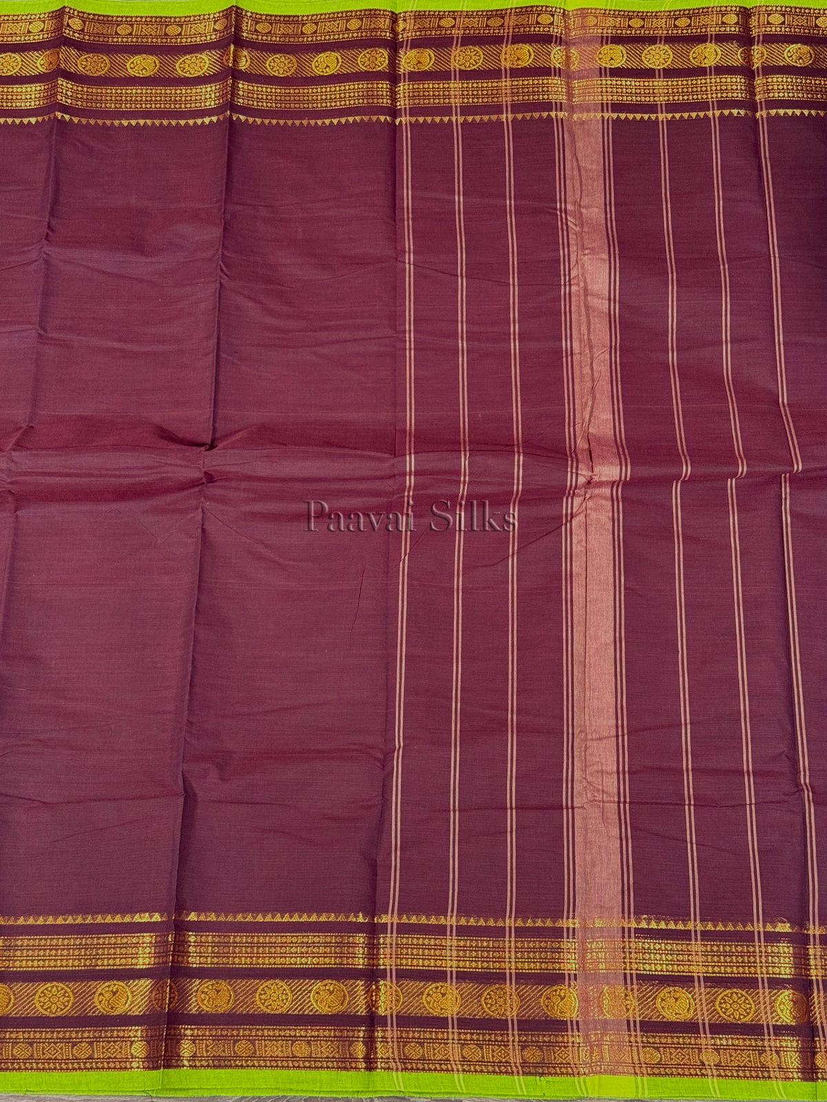 Deep Brown Saree with Gold Zari Border & Lime Green Edge