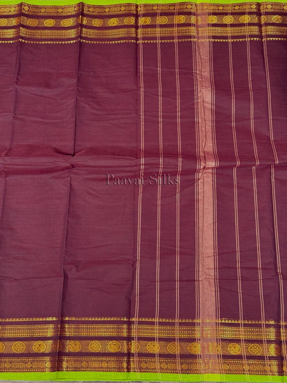 Deep Brown Saree with Gold Zari Border & Lime Green Edge