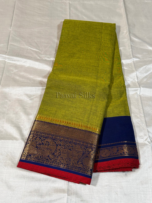 Olive Green Saree with Navy Blue Peacock Zari Border
