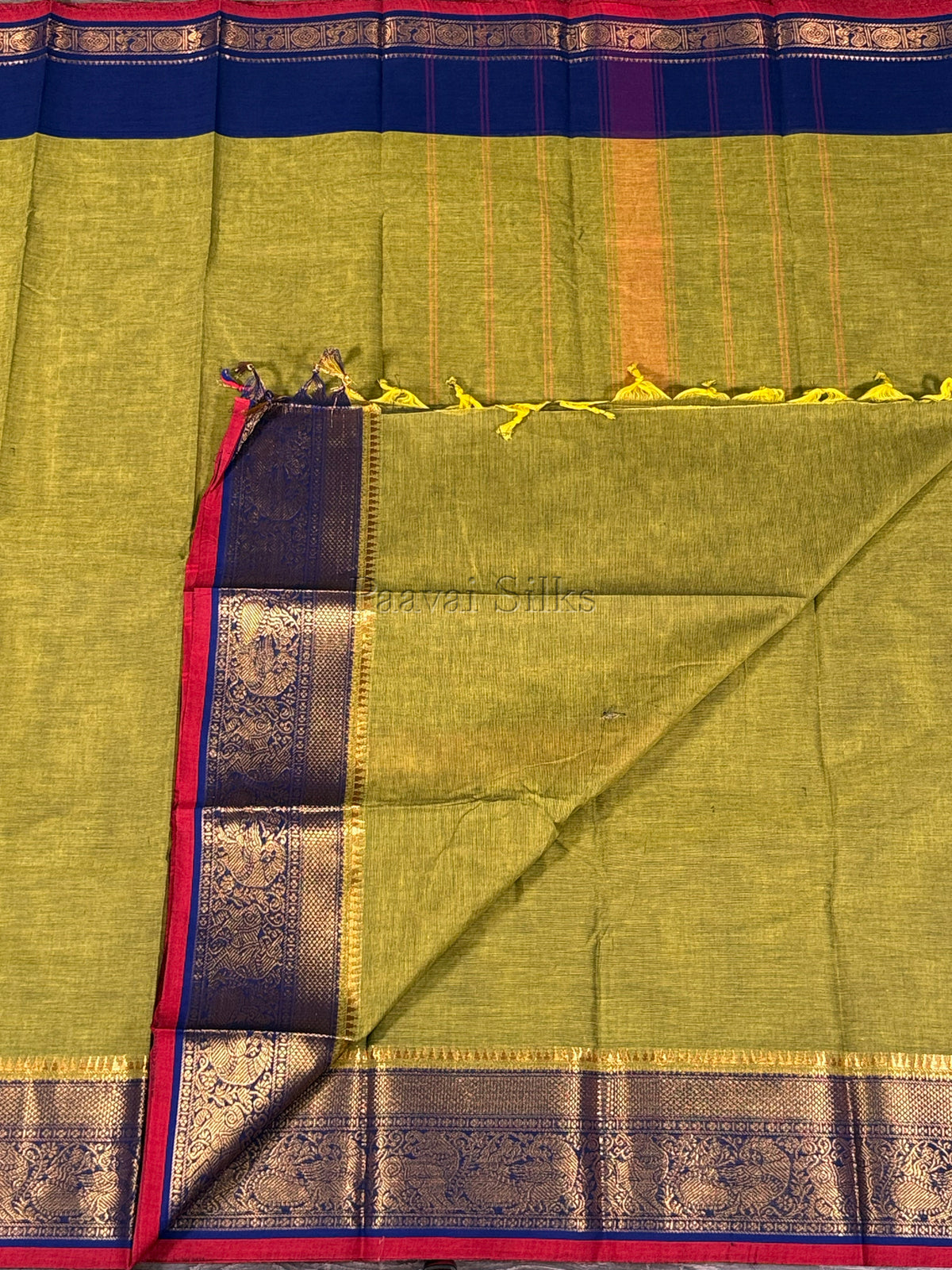 Olive Green Saree with Navy Blue Peacock Zari Border