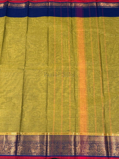 Olive Green Saree with Navy Blue Peacock Zari Border