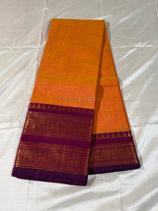 Orange Saree with Magenta Purple Elephant Zari Border
