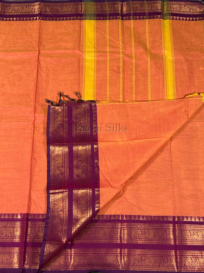 Orange Saree with Magenta Purple Elephant Zari Border