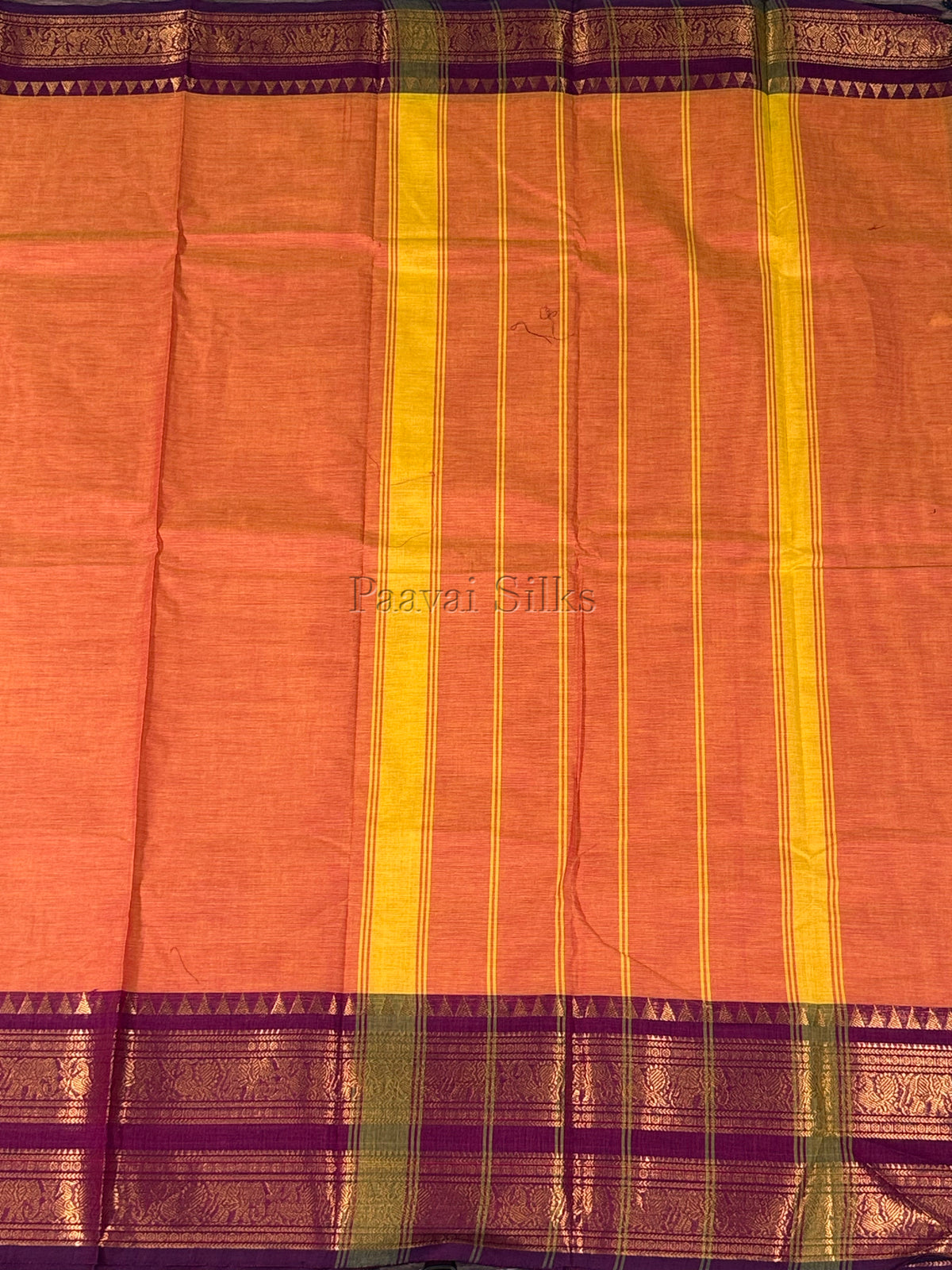 Orange Saree with Magenta Purple Elephant Zari Border