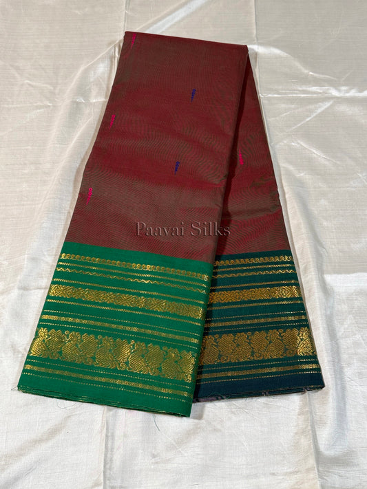 Brown Saree with Green Gold Zari Border