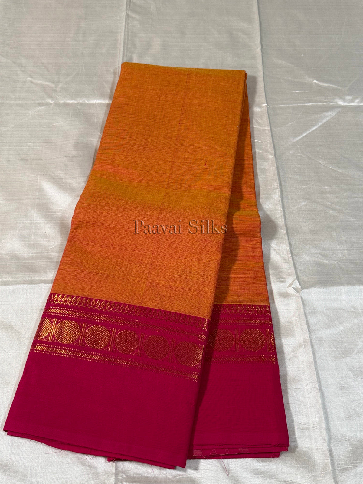Golden Orange Saree with Rani Pink Gold Zari Border