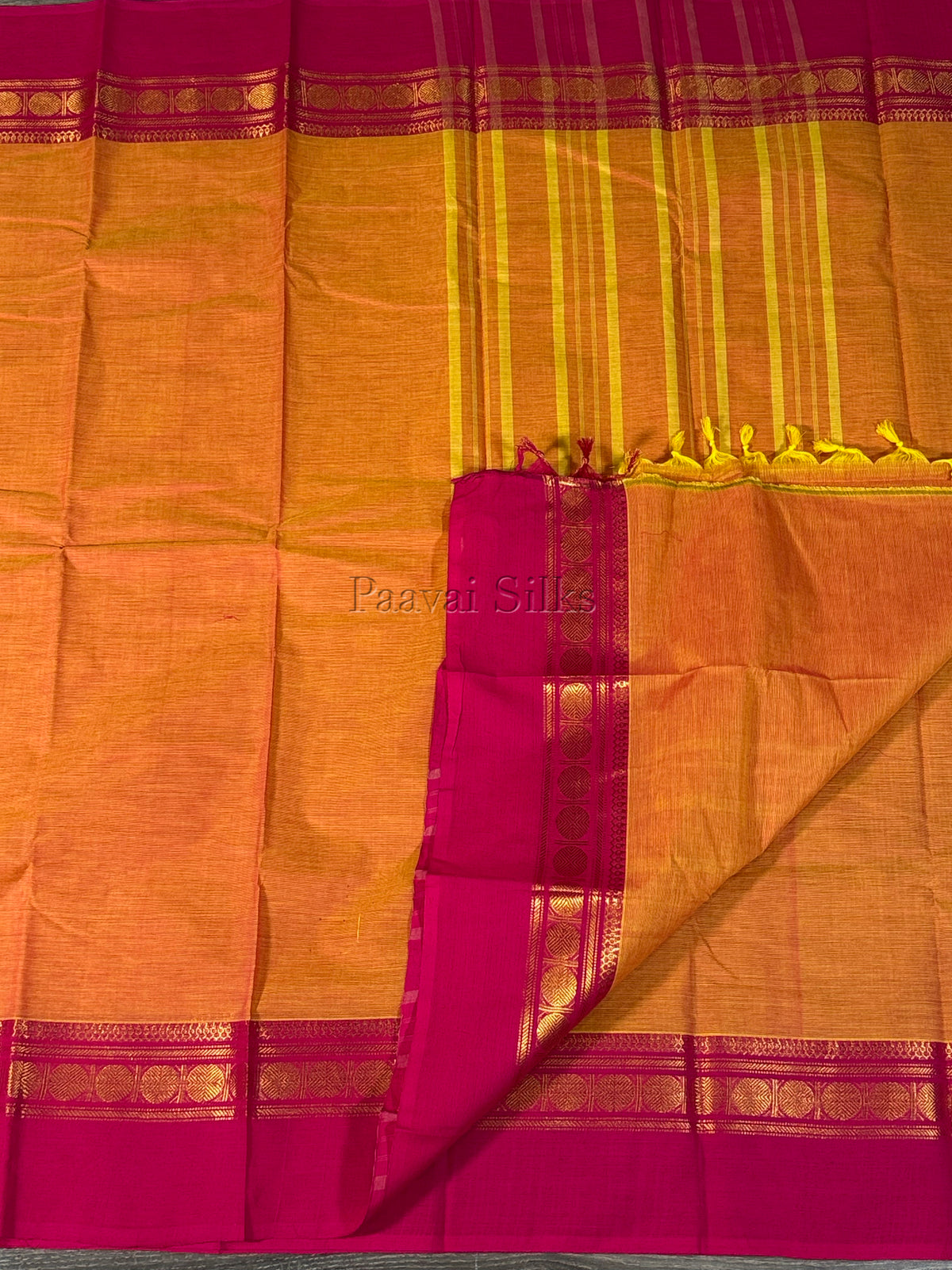 Golden Orange Saree with Rani Pink Gold Zari Border