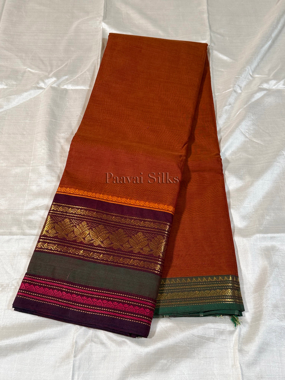 Rust Brown Saree with Deep Maroon & Forest Green Zari Border
