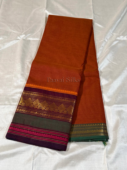 Rust Brown Saree with Deep Maroon & Forest Green Zari Border