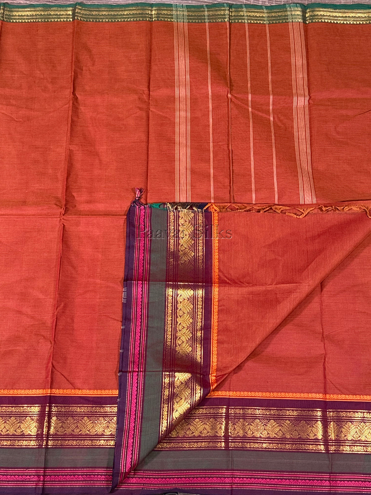 Rust Brown Saree with Deep Maroon & Forest Green Zari Border