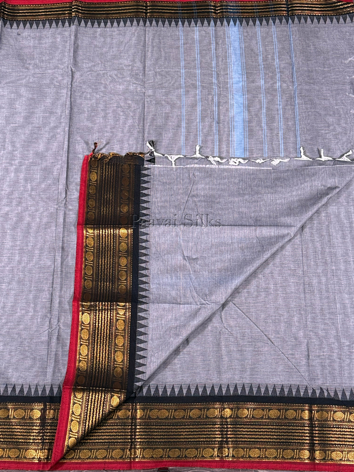 Ash Grey Saree with Black Temple Zari Border