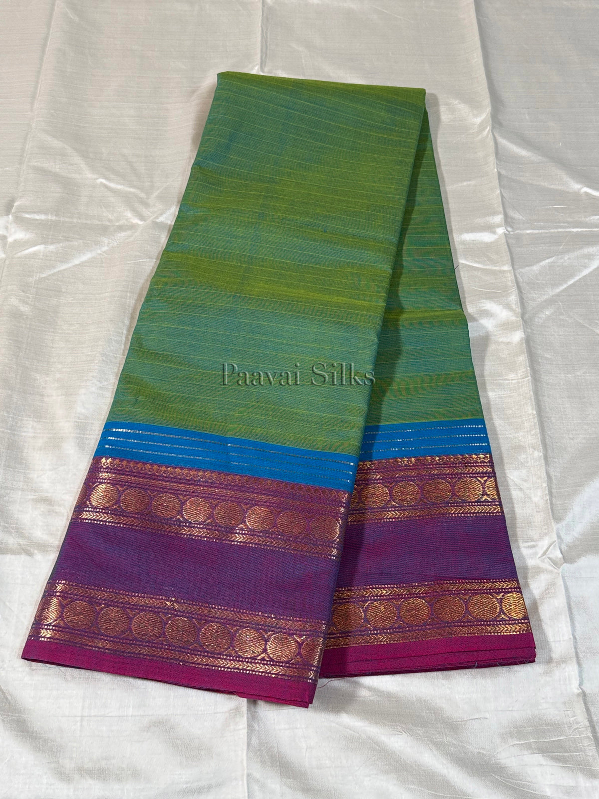 Olive Green Saree with Purple Gold Zari Border
