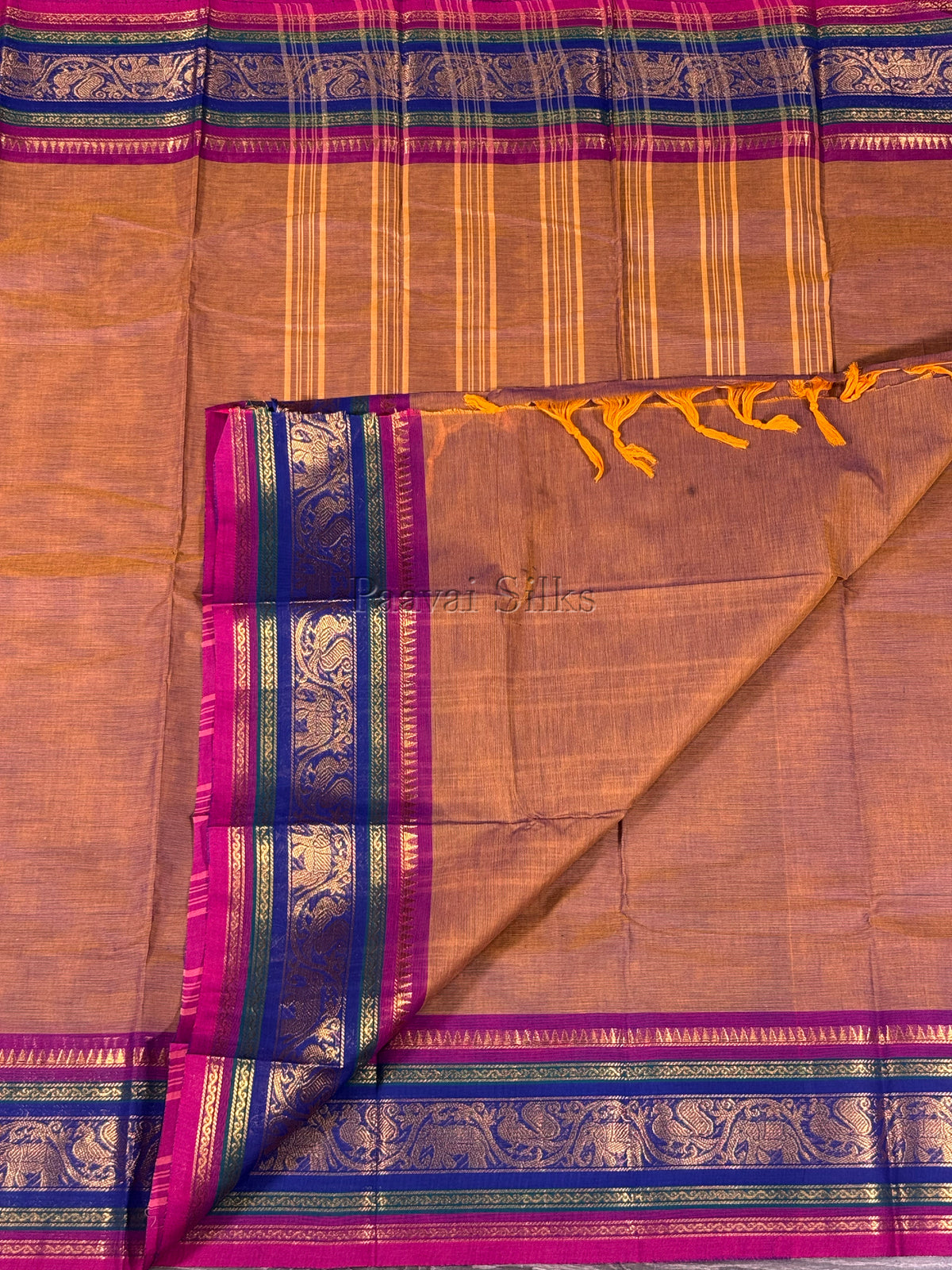 Antique Mustard Saree with Royal Blue & Magenta Peacock Zari Border